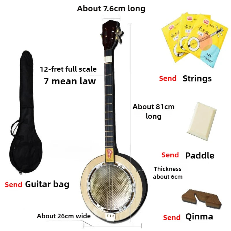 3 Strings Wood Sanxian Whole Tone Semitone  - Chinese Traditional Stringed Instruments /Ethnic Plucked Playing QinQin for Beginner