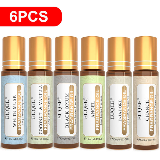 EUQEE 6PCS Women's Fragrance Oil Set -10ml White Musk Coconut & Vanilla Black Opiumm Angel Chance D-Jador  Roller Fragrance Oils