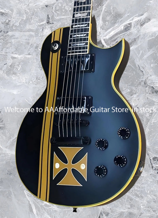 Elegant IRON CROSS SW Old Electric Guitar Yellow Striped Cross,Black Body and Black Hardwares,Special Frets Inlay,#02589