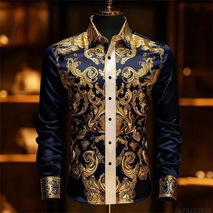 Men's Baroque Gold Pattern Slim Fit Dress Shirt - Sizes XS-6XL