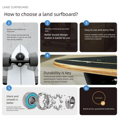S6 Spring Surfskate Land Surfboard, No-Push Training Skateboard for Adults & Beginners