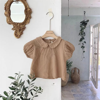 Baby Girl Solid Puff Sleeve Shirts Cotton Short Sleeve T Shirts