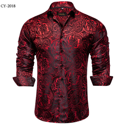 Men's Shirts Long Sleeve Silk Polyester Dress Shirts Luxury Tuxedo Turn Down Collar Social Paisley Shirt Men Clothing