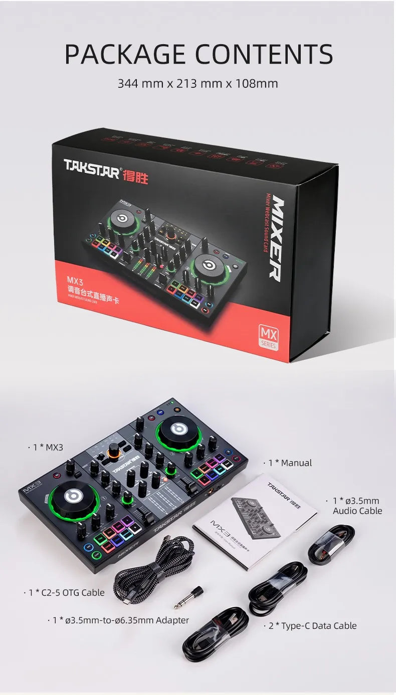 TAKSTAR MX3 Audio Mixer | Webcast Sound Card Mixing Console Podcast Studio for Recording,Live Streaming,Youtube,Guitar,PC