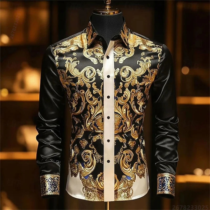 Men's Baroque Gold Pattern Slim Fit Dress Shirt - Sizes XS-6XL