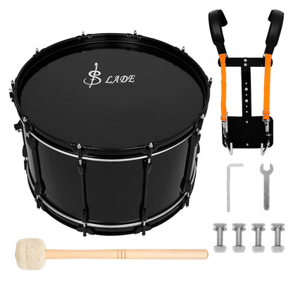 22" Black Marching Drum | Metal+Solid Wood Marching Drum Set with Stand Shoulder Strap