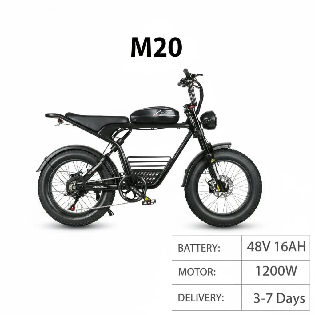 M20 Black electric bike with specifications on a white background
