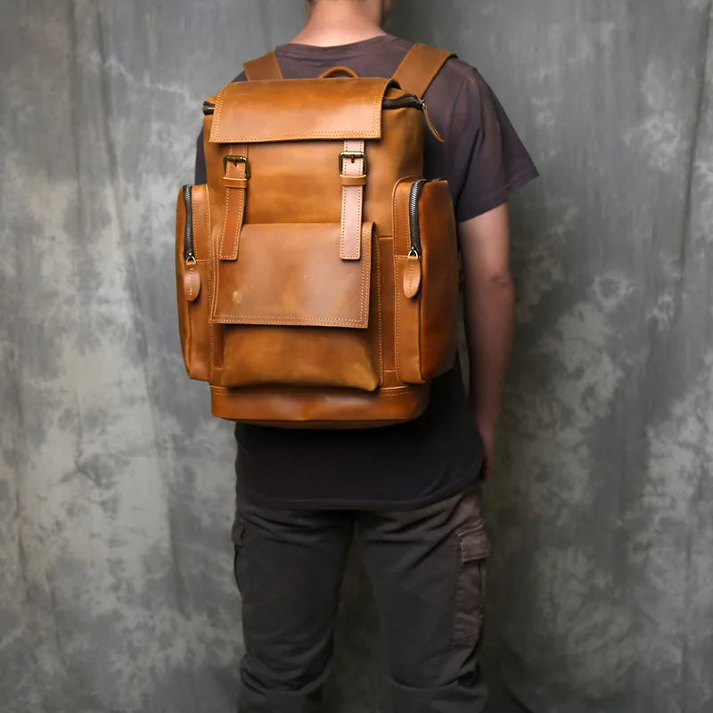 Men's Classic Retro Genuine Leather Multi functional Large Capacity Backpack