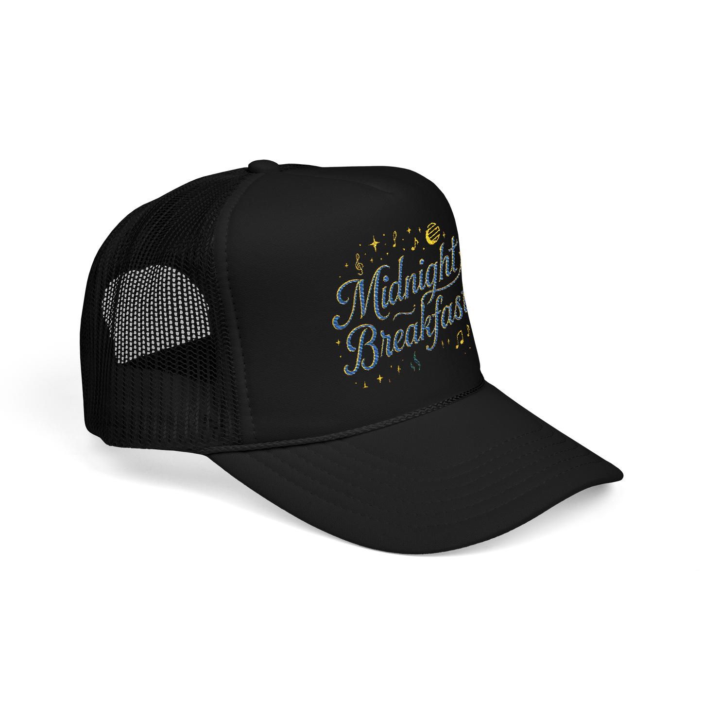 Midnight Breakfast Embroidered Trucker Hat — Retro Night-Sky Foam Cap