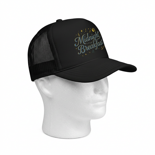 Midnight Breakfast Embroidered Trucker Hat — Retro Night-Sky Foam Cap