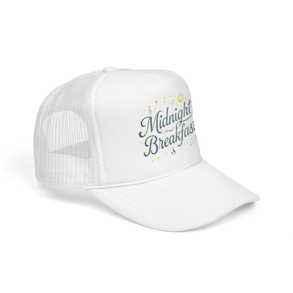 Midnight Breakfast Embroidered Trucker Hat — Retro Night-Sky Foam Cap