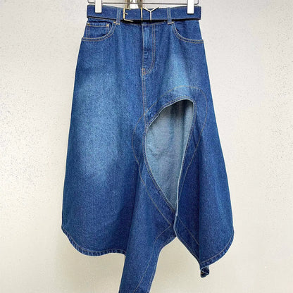 Deconstructed Hollow-Slit Denim Skirt