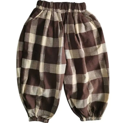 Children's Retro Plaid Loose Cropped Trousers