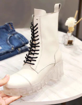 Women's White Crystal Thick Heel Mid-Tube Martin Boots