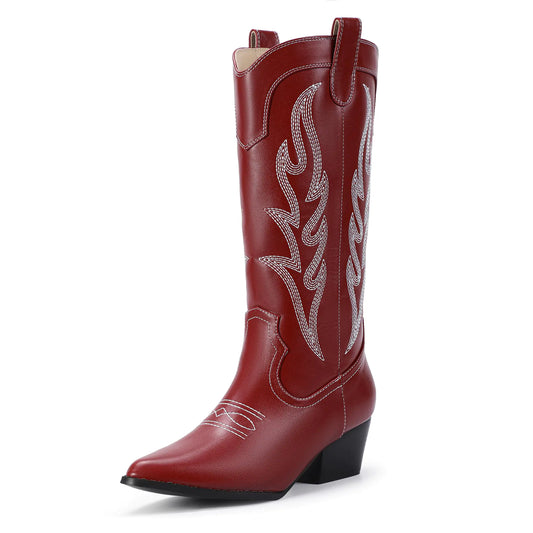 Red Cowgirl Mid-Calf Boots Chunky Heel Pointed Toe