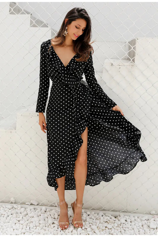 Black Polka Dot Long Sleeve Ruffled Dress