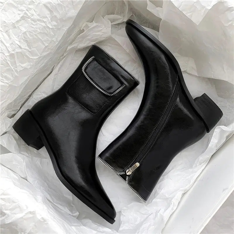 Pointed Thick Heel Zipper Retro Martin Short Boots