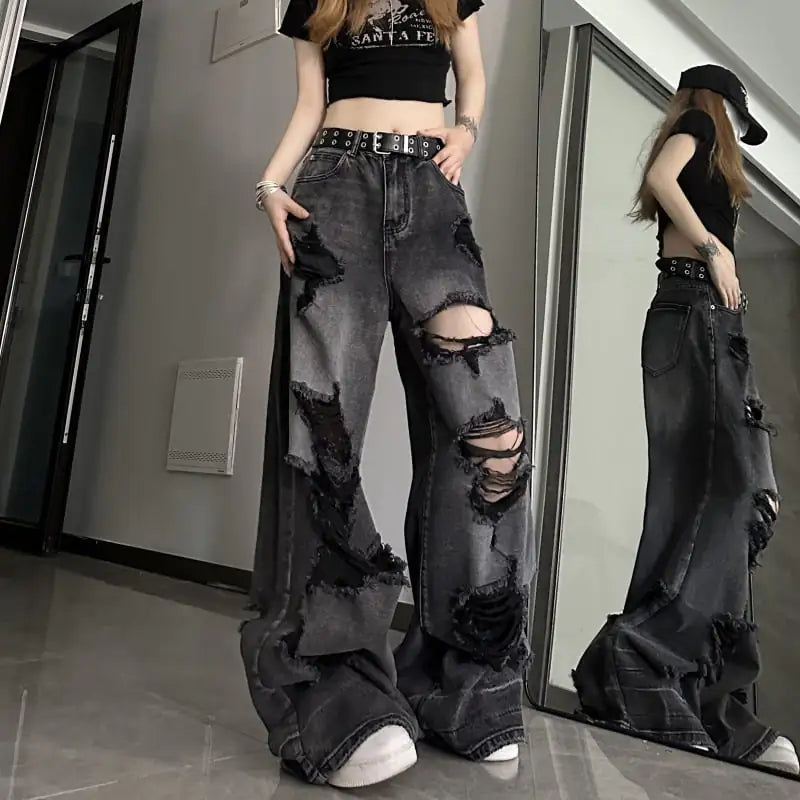 Dark Black Ripped Wide Leg Denim Jeans