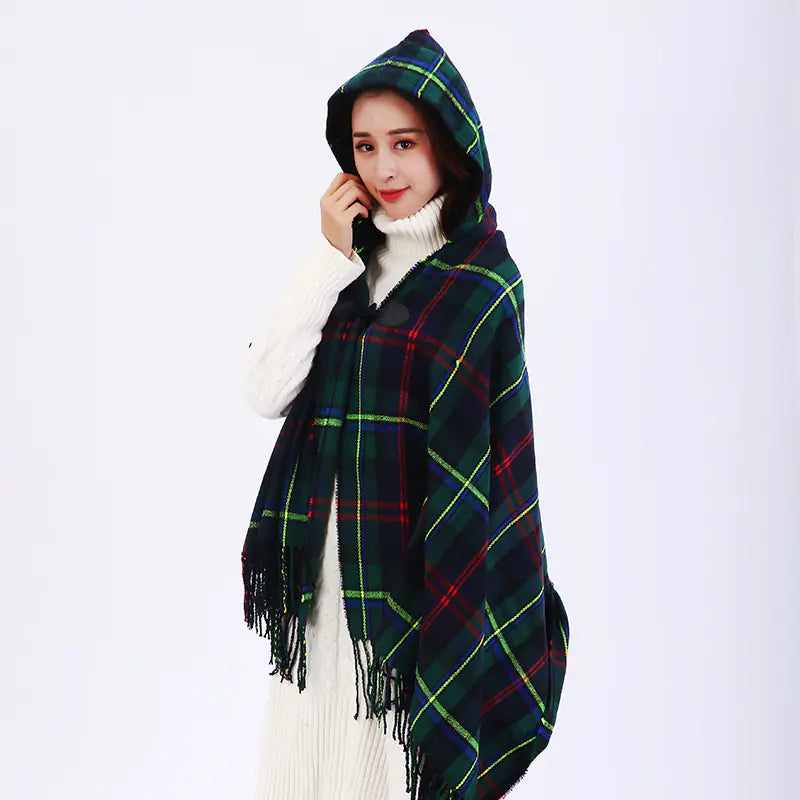 Chic Plaid Travel Cape with Horn Buttons