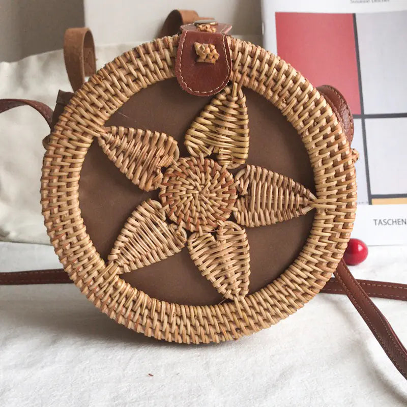 Handmade Rattan Hollow Star Bag with PU Leather Strap