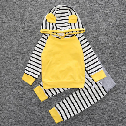 Yellow Long Sleeve Hoodie and Striped Pants Set for Kids