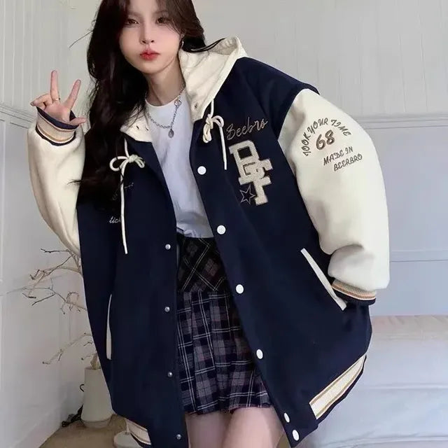 Women's Retro Embroidered Hooded Baseball Jacket