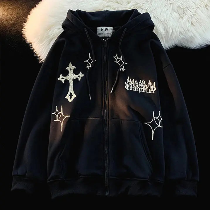 Retro Embroidered Zipper Hoodie Sweatshirt
