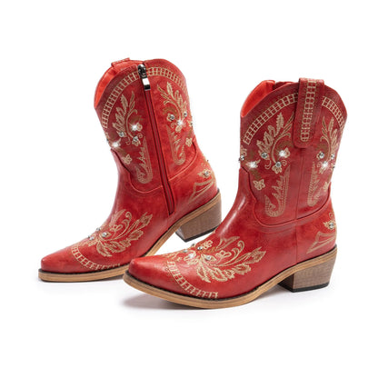 Red Rhinestone Cowgirl Ankle Boots