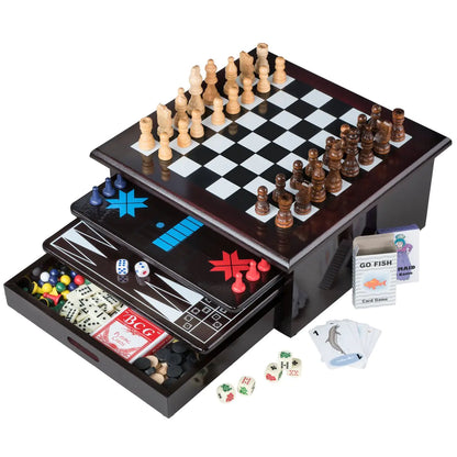 Board Game Set | Deluxe 15 in 1 Tabletop Game Center - Wood-Accented with Storage Drawer