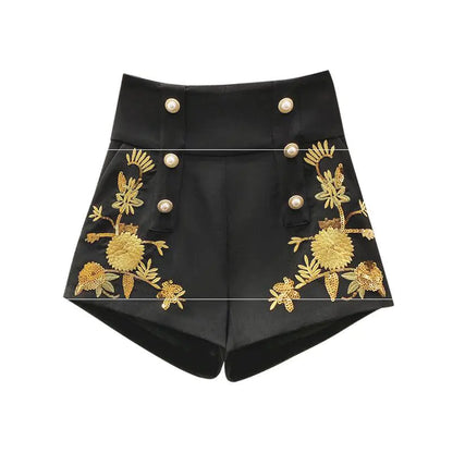 Retro Double-Breasted Wide-Leg Sequined Shorts for Women