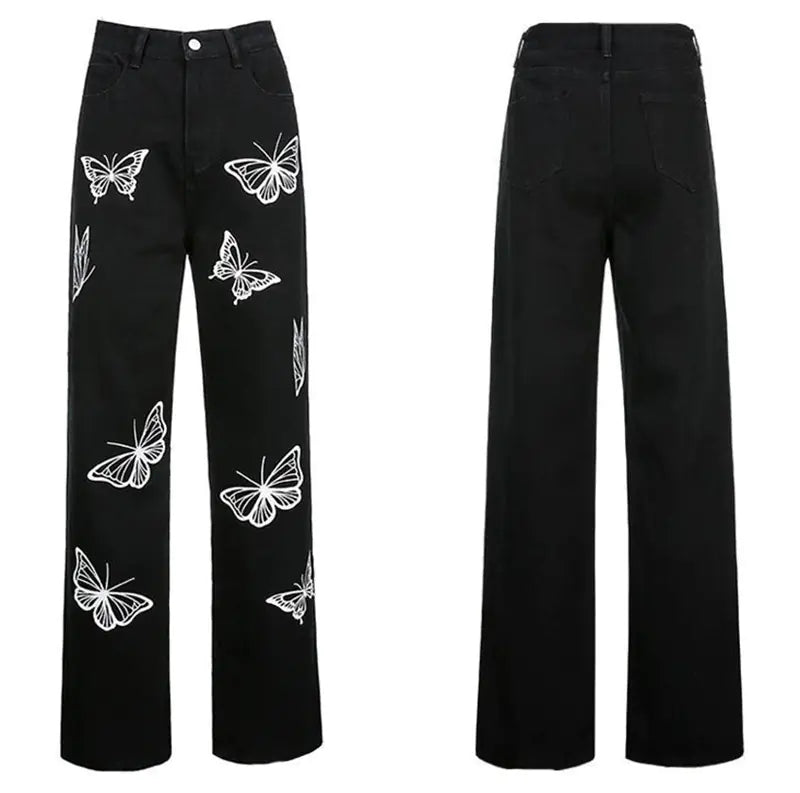 Women's Retro Butterfly Print Jeans - Loose Fit Summer Style