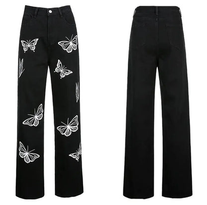 Women's Retro Butterfly Print Jeans - Loose Fit Summer Style