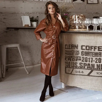 V-neck PU Leather Stitching Dress