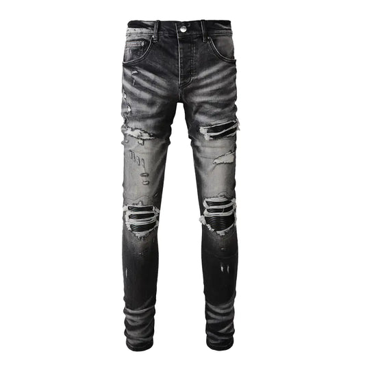 Men's Retro Black Gray Ripped Slim Fit Jeans