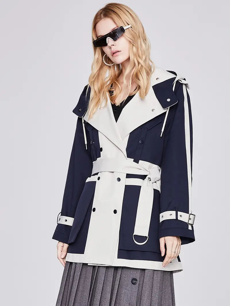 Women's Colorblock Double Breasted Trench Overcoat