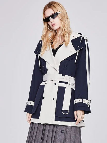 Women's Colorblock Double Breasted Trench Overcoat