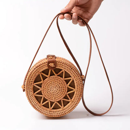 Handmade Rattan Hollow Star Bag with PU Leather Strap