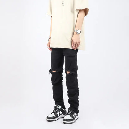 High Street Zipper Flared Ripped Black Jeans