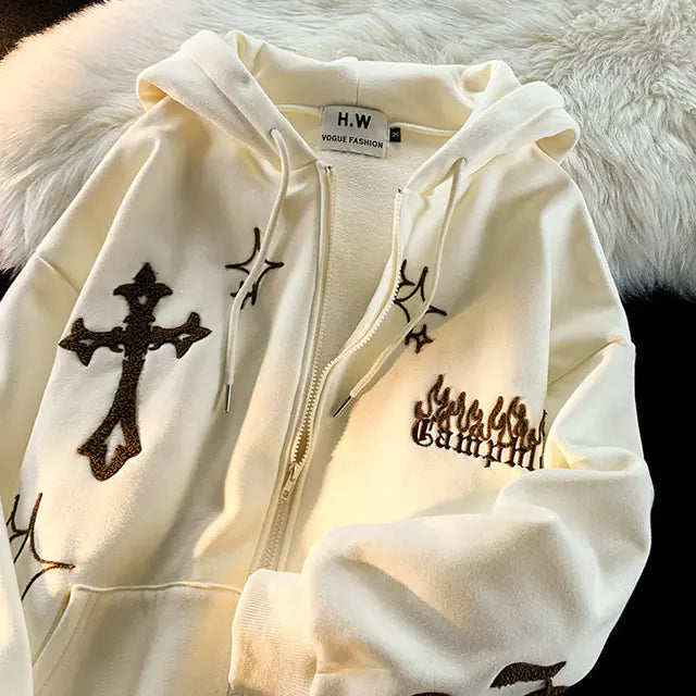 Retro Embroidered Zipper Hoodie Sweatshirt