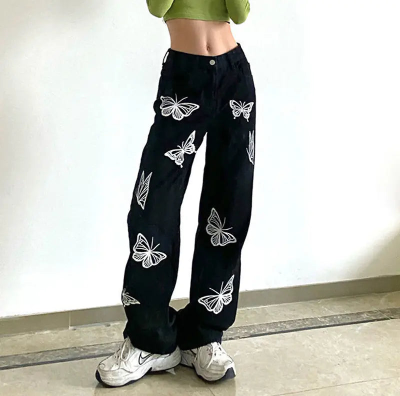 Women's Retro Butterfly Print Jeans - Loose Fit Summer Style