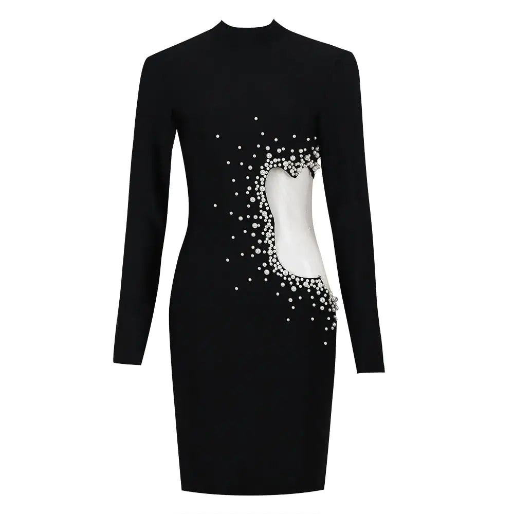 Black Mesh Stitching Long Sleeve Bandage Dress