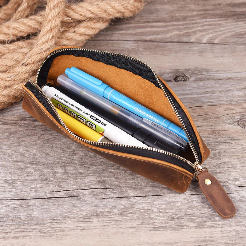 Handmade Crazy Horse Leather Pen Case for Men & Women
