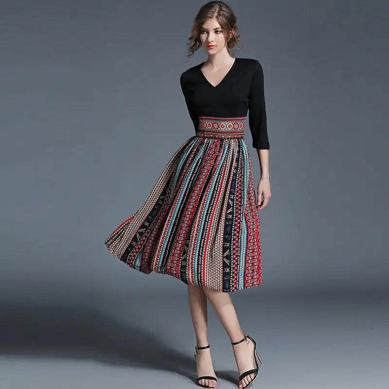Chic Retro Color Block V-Neck Dress