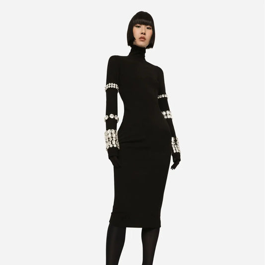 Black Mid-length High Neck Bandage Dress