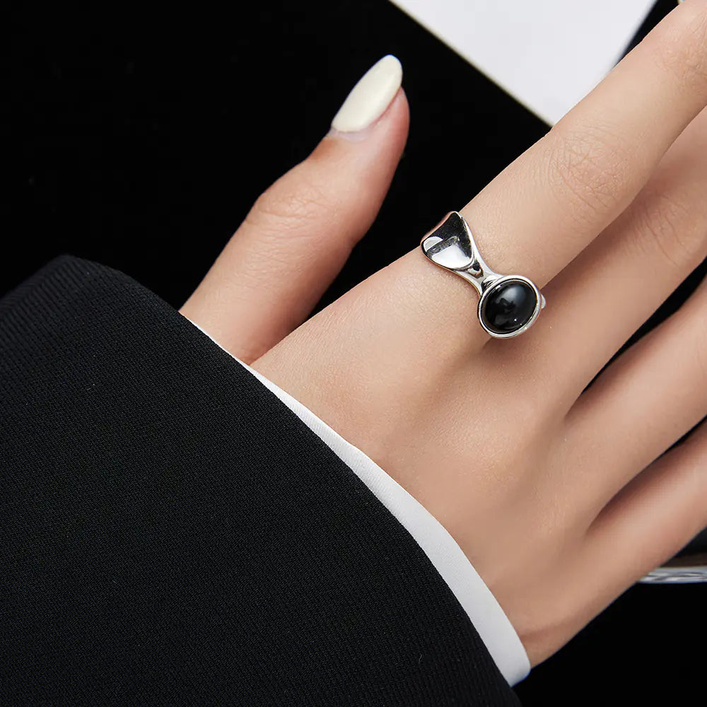 S925 Natural Black Agate Ring