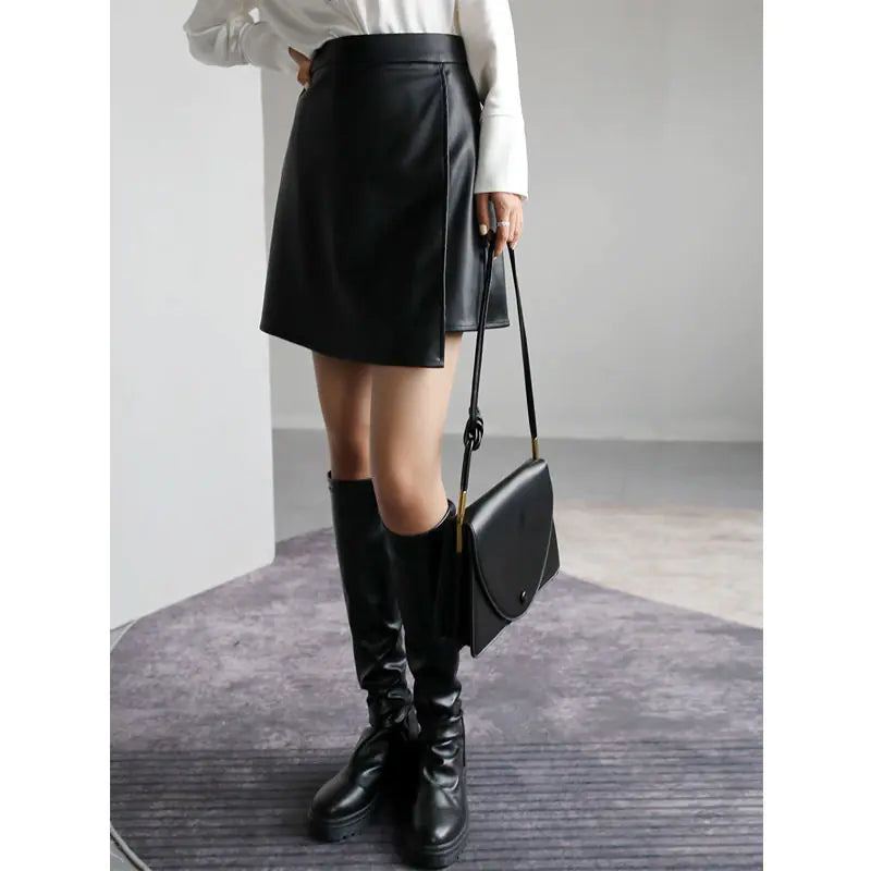 Classic High-Waist Faux Leather A-Line Skirt