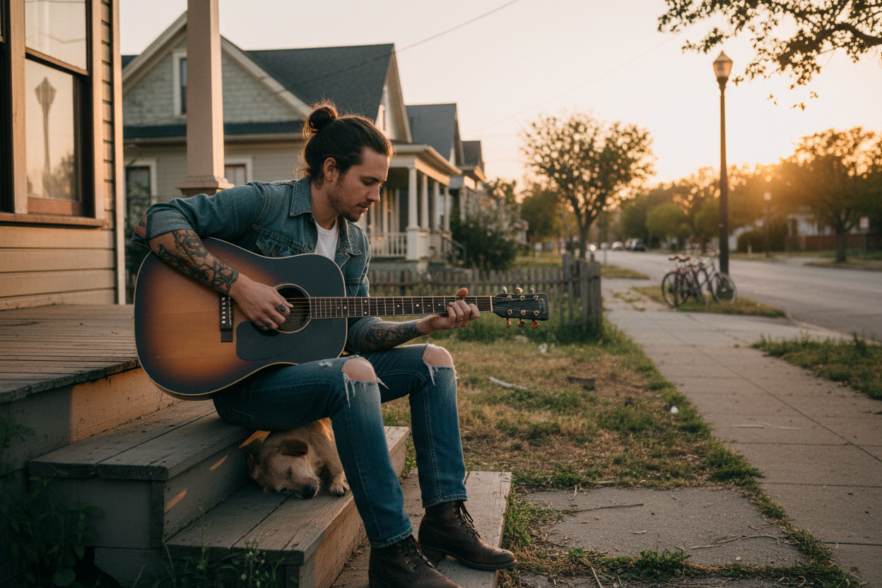 A COOL DOWN TO EARTH PERSON WITH TATTOOS PLAYING A VINTAGE GUITAR, ON HIS NEIGHBOURHOOD CORNER, ON THE STEPS OF HIS HOUSE DURING SUNSET