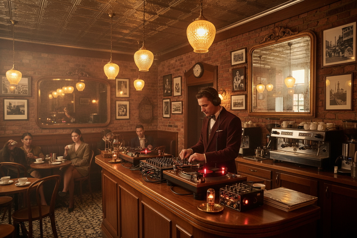 A DJ PLAYING IN A WARM ELEGANT VINTAGE CAFE