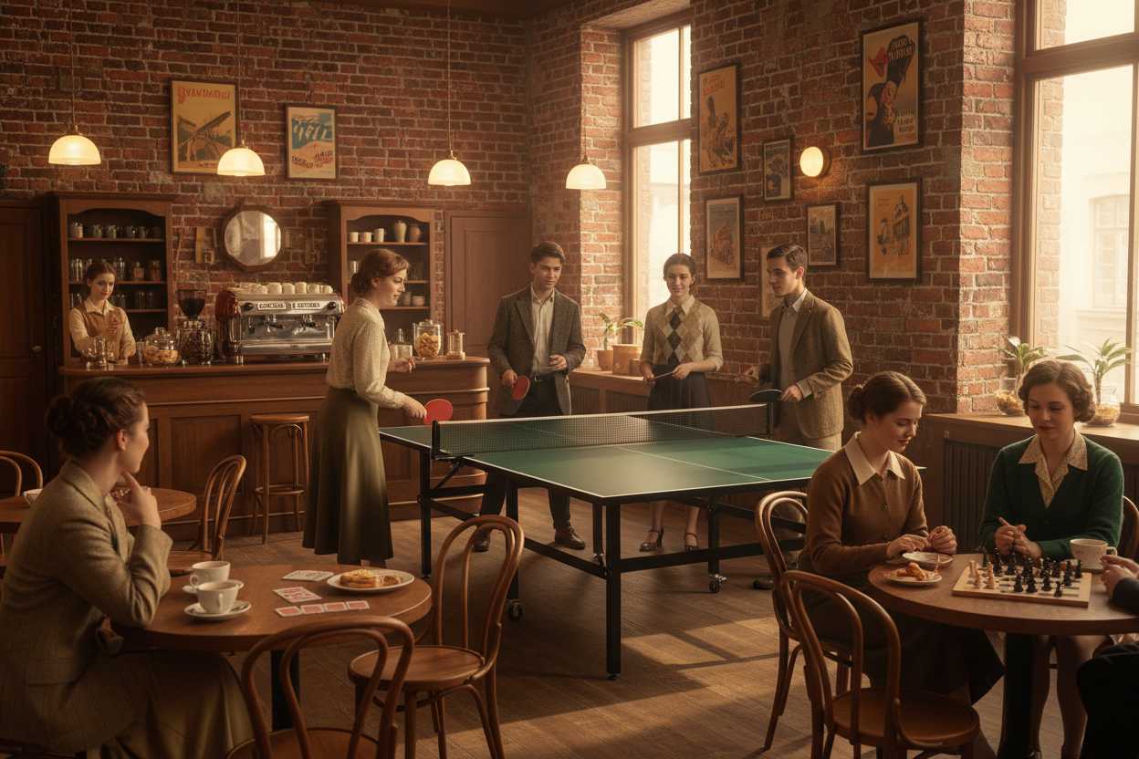a vintage classic setting of young adults playing table tennis, cards, and other board games in a cafe 