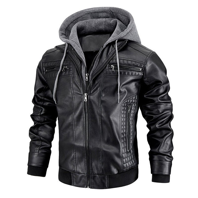 Men's PU Leather Hooded Jacket With Zipper Pockets